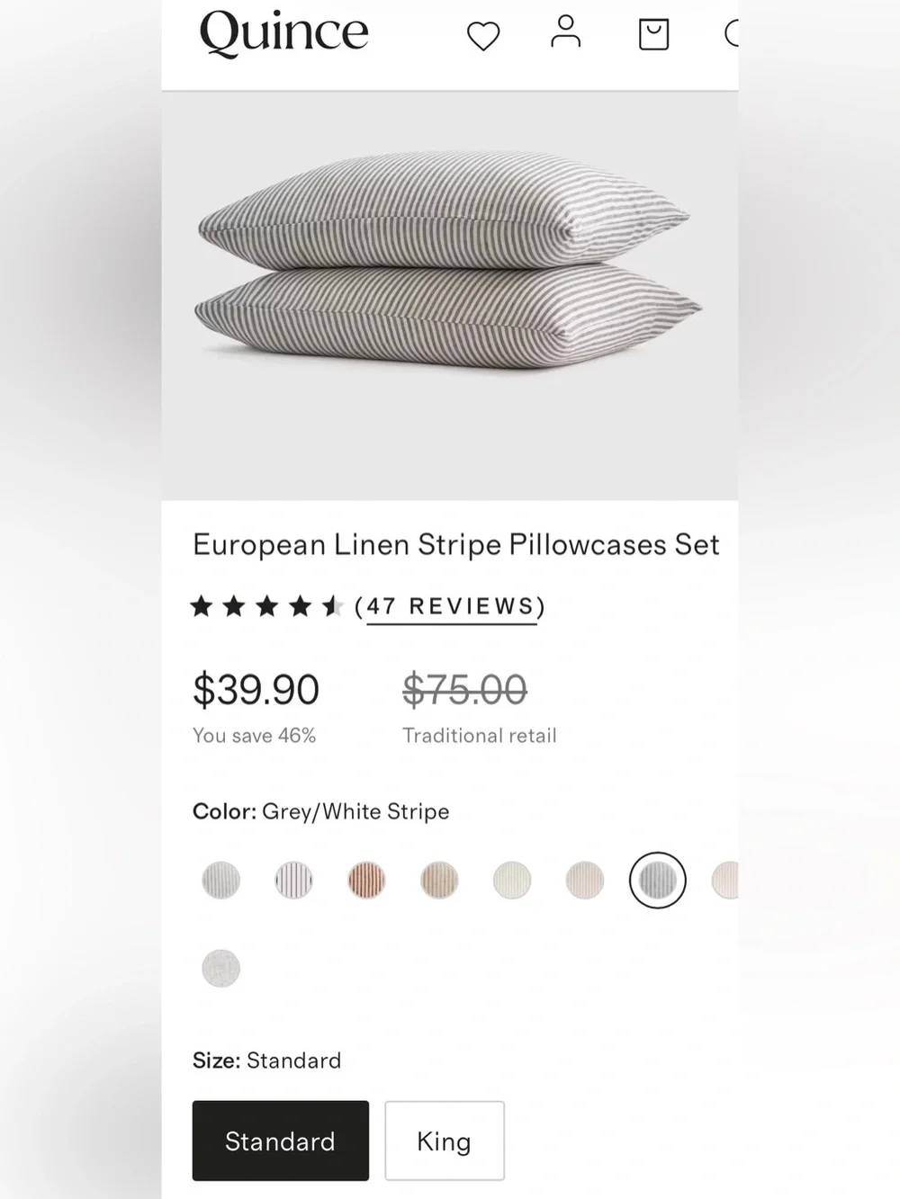 Quince European Linen Stripe Pillowcase Set, Standard (Gray/White)